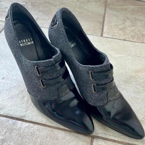Stuart Weitzman Black and Gray Heels sz 7. Patent leather & wool. Made in Spain - Picture 6 of 12